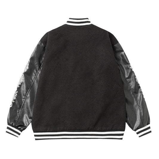Chrome Hearts Cross Embroidered Leather Sleeve Varsity Jacket - Black Street Style 116